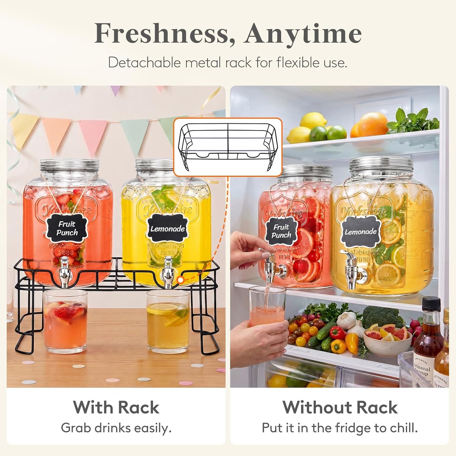 image:imageLifewit 1 Gallon Glass Drink Dispenser for Parties Beverage Container with Stand for JuiceTeaSoda amp Lemonade Water Pitcher with Leakproof Spigot for Mimosa Bar Birthday Wedding Hosting 2 Pcs16 Gallon