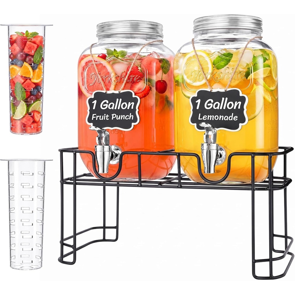 image:imageLifewit 1 Gallon Glass Drink Dispenser for Parties Beverage Container with Stand for JuiceTeaSoda amp Lemonade Water Pitcher with Leakproof Spigot for Mimosa Bar Birthday Wedding Hosting 2 Pcs1 Gallon